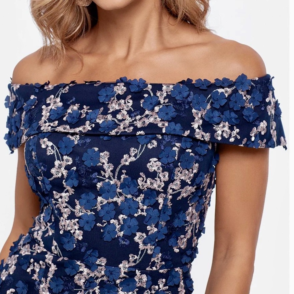 Xscape Navy Blue Off-the-Shoulder Floral Appliqué Midi - Picture 2 of 4